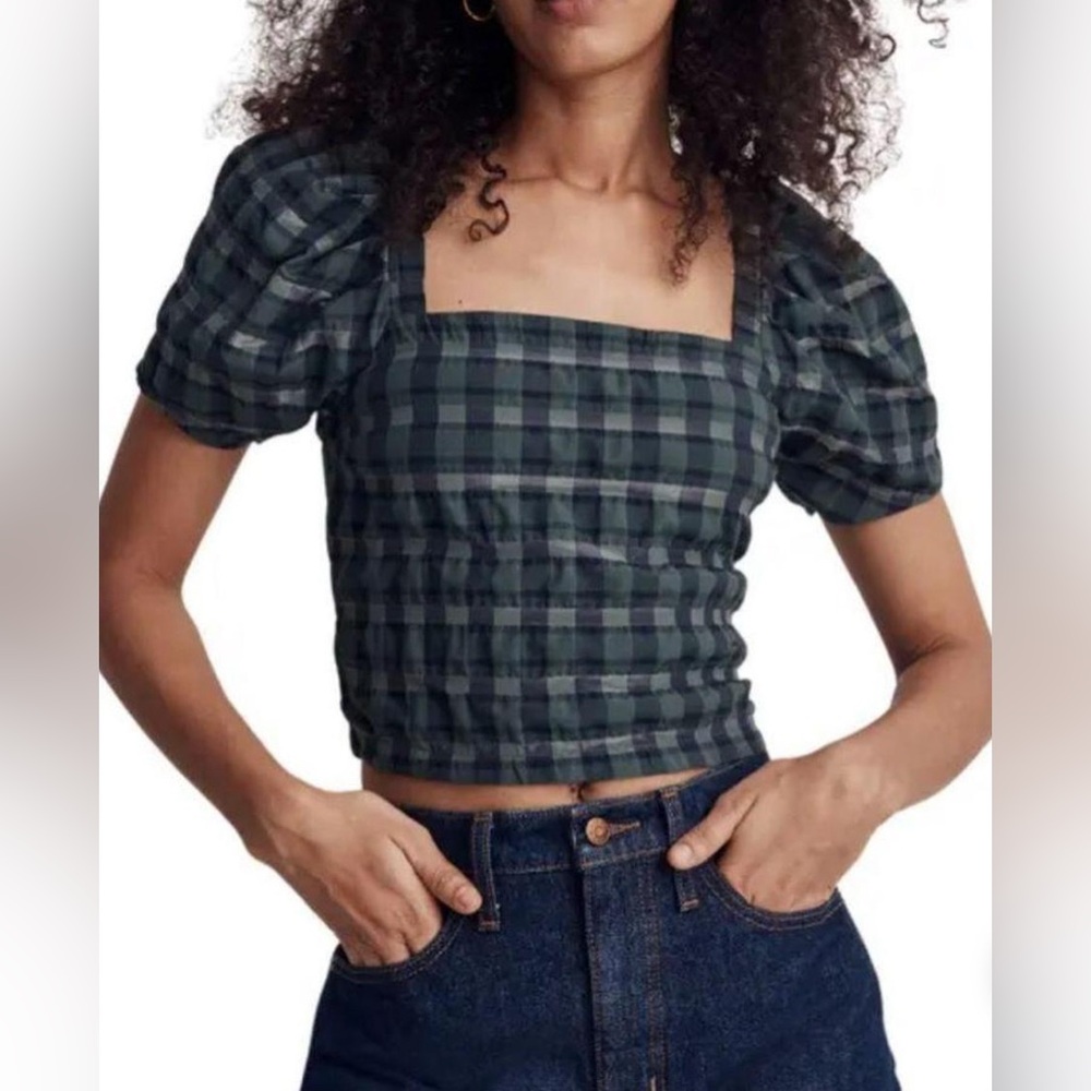 Madewell Plaid Cropped and Smocked Top Size S